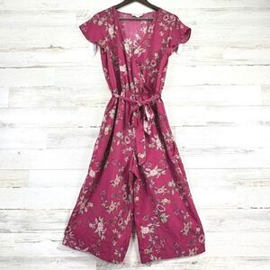 Olive & Oak Floral Jumpsuit Crop Leg Womens Hot Pink Short Sleeve Tie Waist Sz M